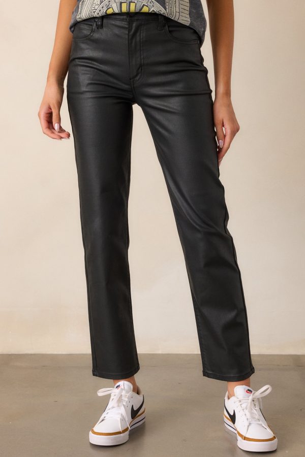 Emerging Love Black Faux Leather Straight Leg Pants For Sale - Image 2