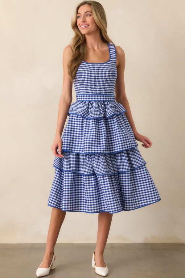 A Precious Life Blue Gingham Cotton Smocked Midi Dress Hot on Sale - Image 3