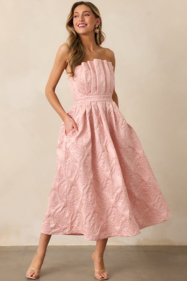 The Genevieve Blush Floral Jacquard Strapless Midi Dress on Sale - Image 3
