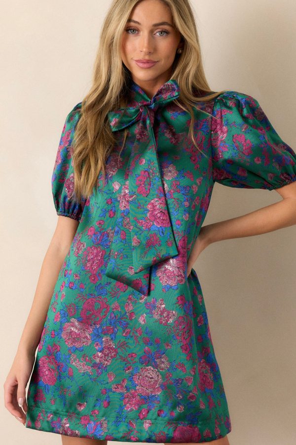 Here To Stay Green Jacquard Puff Sleeve Mini Dress Hot on Sale - Image 4