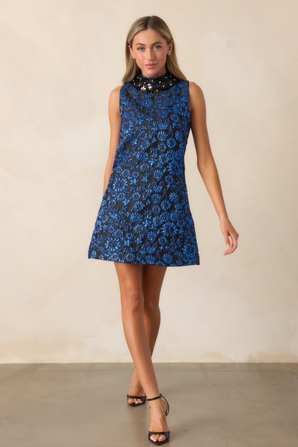 Glistening Skies Midnight Blue Floral Jacquard Mini Dress Discount