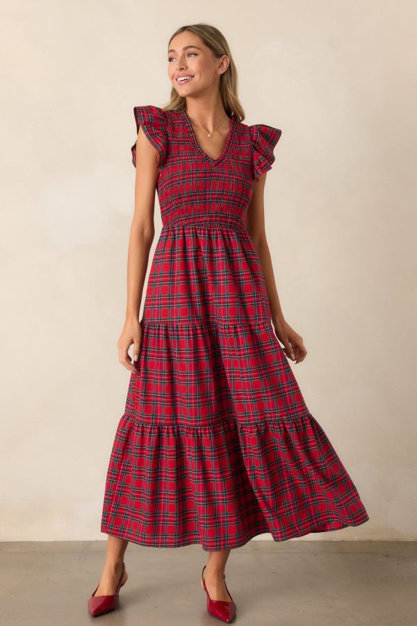 A Place To Be Cotton Red Plaid Midi Dress For Sale