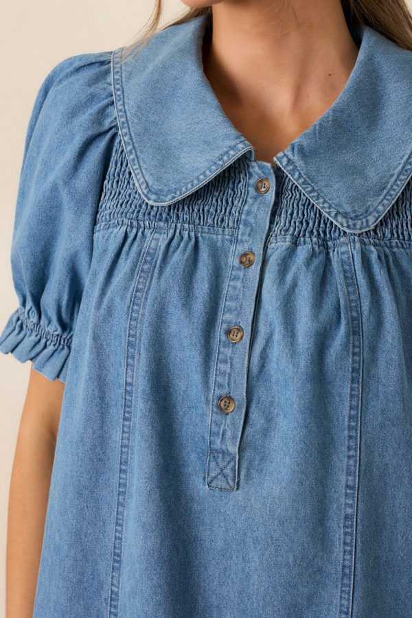 The Tide Calls 100% Cotton Medium Wash Denim Mini Dress Hot on Sale - Image 2