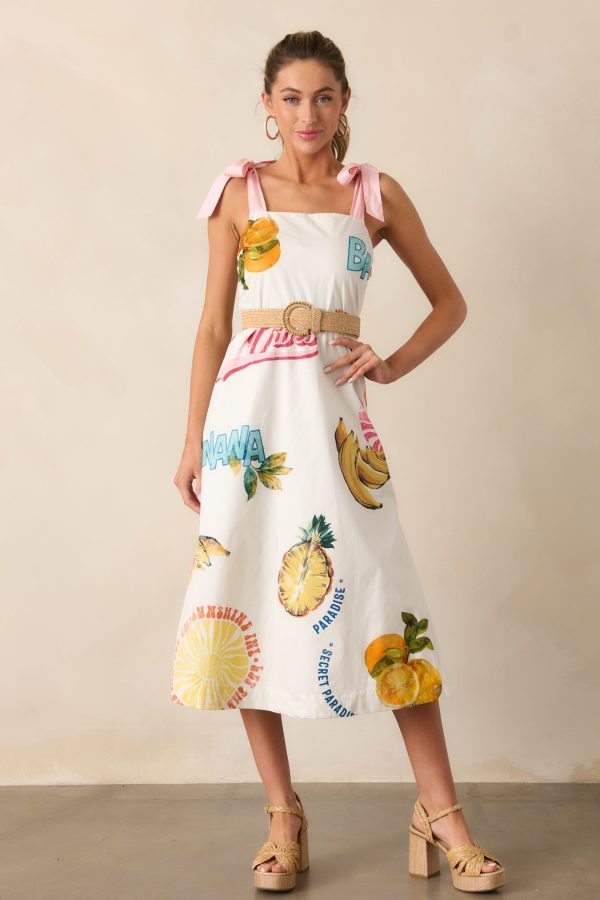 Take A Chance Cotton Ivory Tropical Fruit Print Midi Dress Hot on Sale