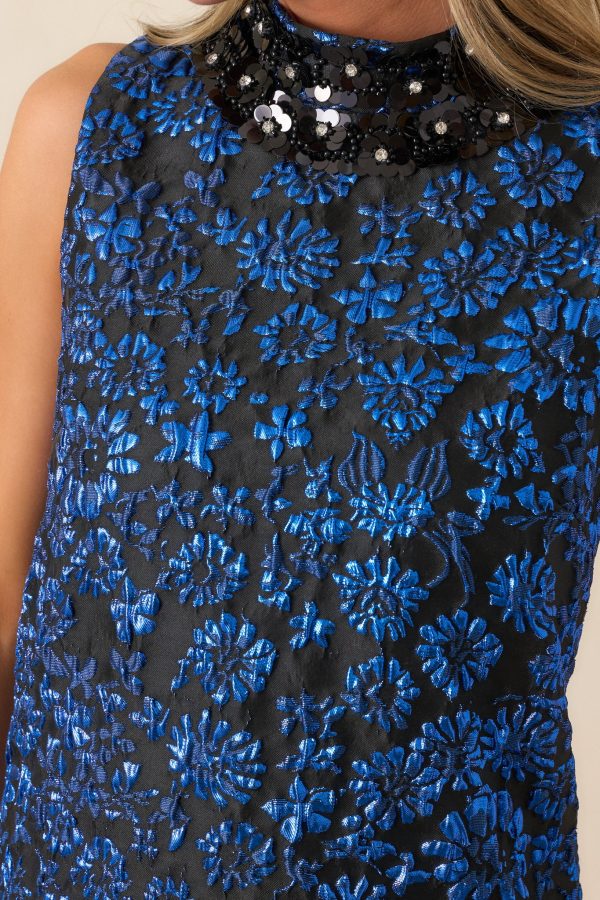 Glistening Skies Midnight Blue Floral Jacquard Mini Dress Discount - Image 2