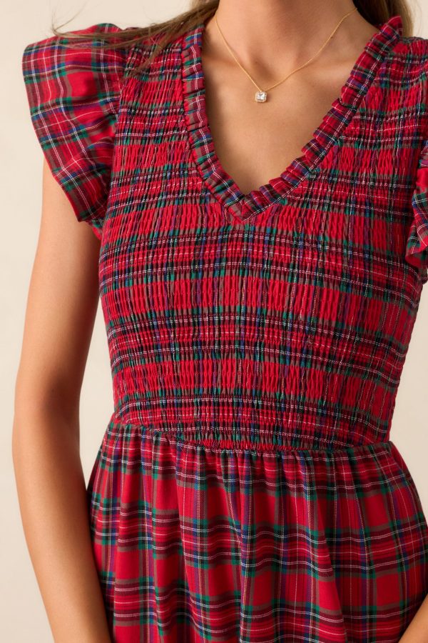 A Place To Be Cotton Red Plaid Midi Dress For Sale - Image 2