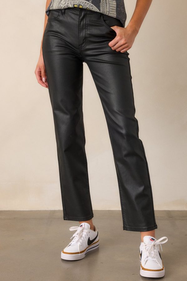 Emerging Love Black Faux Leather Straight Leg Pants For Sale - Image 4