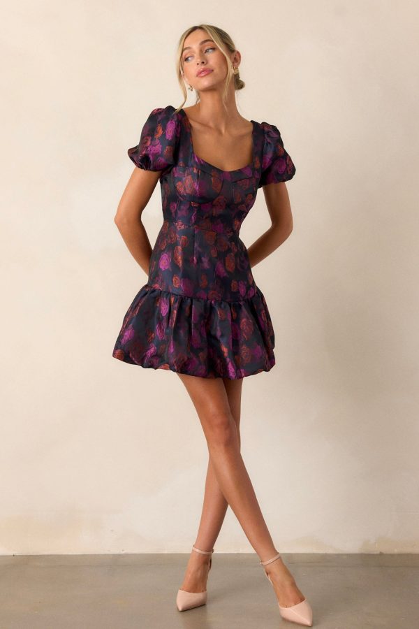 My Lover Plum Floral Puff Sleeve Mini Dress Online Sale