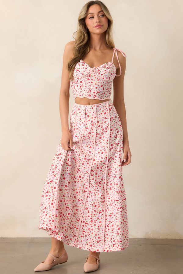 All Things Considered Pink Cherry Floral Bustier Crop Top For Sale - Image 5