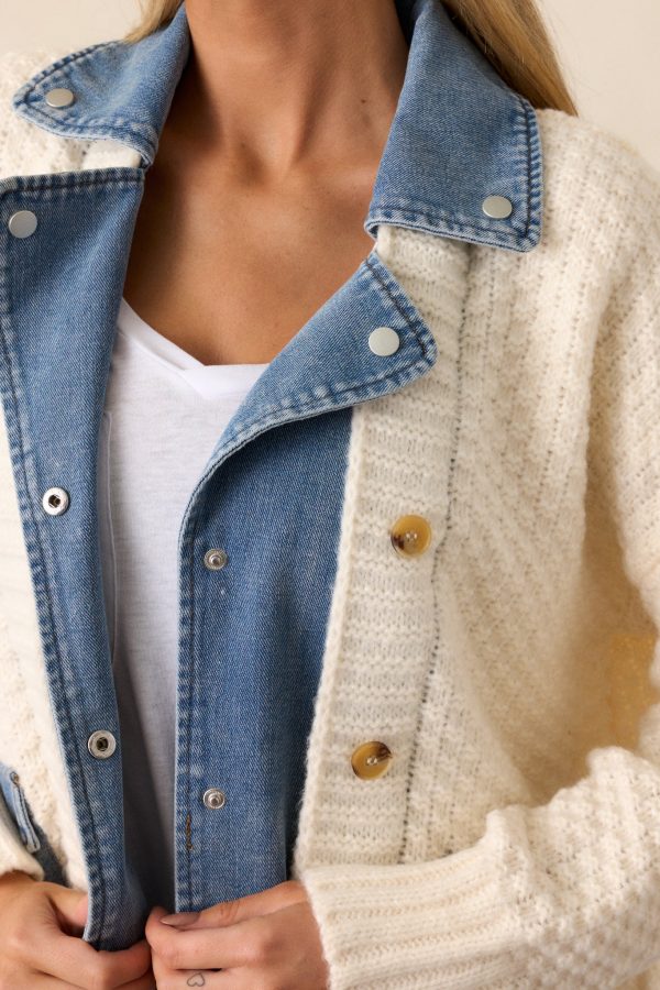 Kaleidoscope Dreams Ivory Knit and Denim Combo Jacket Cheap - Image 2