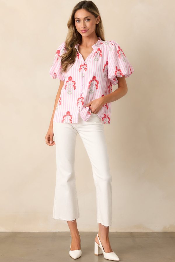 Poppy Fields Pink Button Front Puff Sleeve Top Supply - Image 5