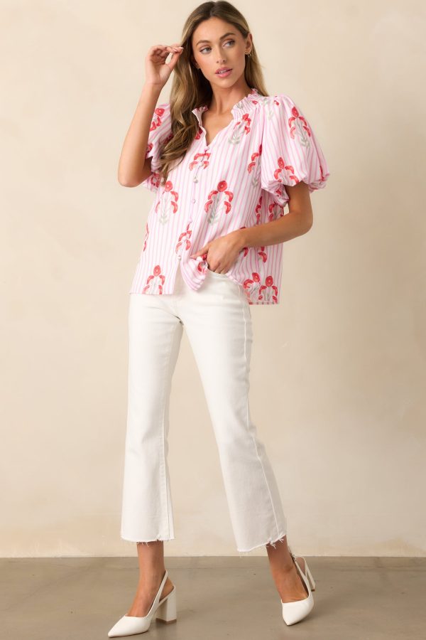 Poppy Fields Pink Button Front Puff Sleeve Top Supply