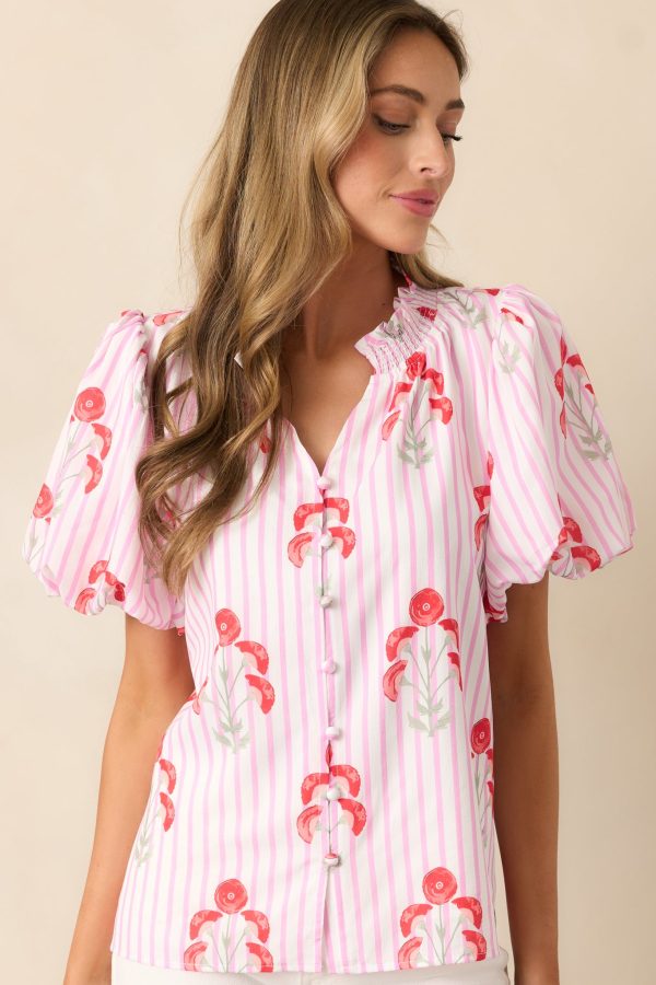 Poppy Fields Pink Button Front Puff Sleeve Top Supply - Image 4