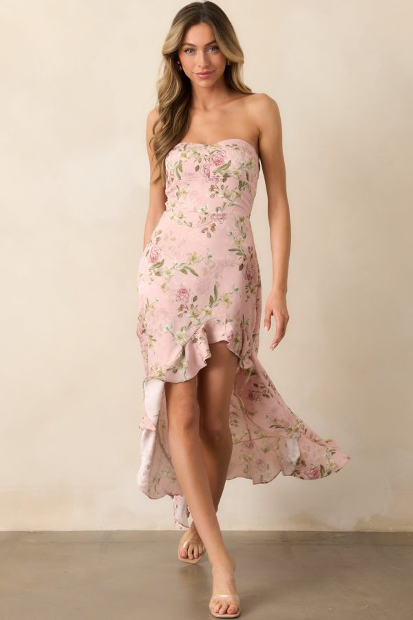 Ever After Light Pink Floral Jacquard Strapless High Low Dress For Sale - Image 3