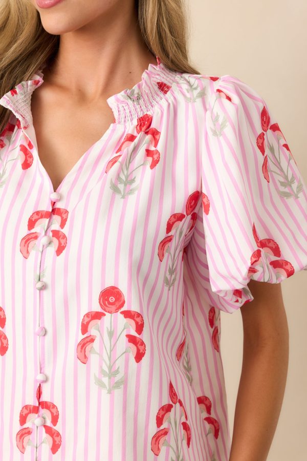 Poppy Fields Pink Button Front Puff Sleeve Top Supply - Image 3