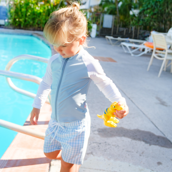 Boys Long Sleeve Zipper Rash Guard and Swim Trunk Set |  Blue Gingham  Hot on Sale - Image 3
