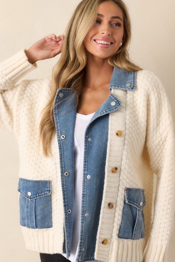 Kaleidoscope Dreams Ivory Knit and Denim Combo Jacket Cheap - Image 3