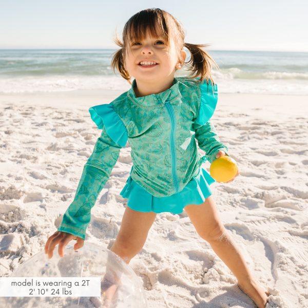Girls Long Sleeve Rash Guard Ruffle Bottom Swimsuit Set (2 Piece) |  Seashell  Sale - Image 2