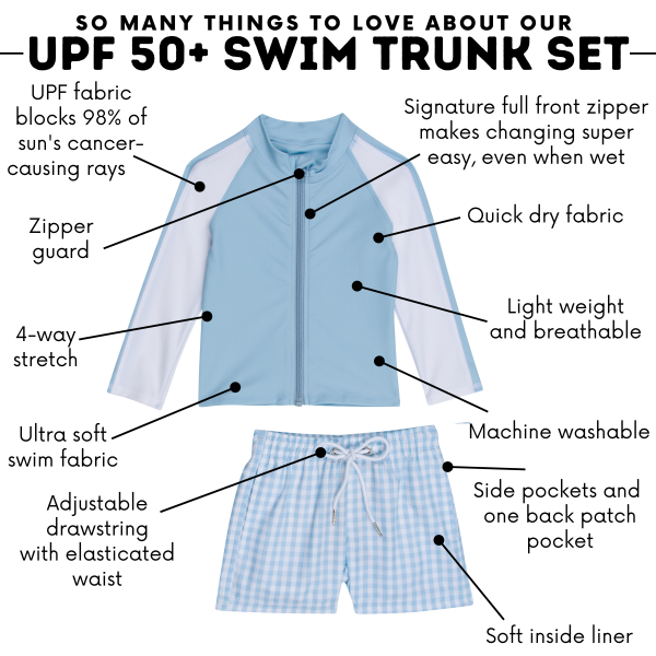 Boys Long Sleeve Zipper Rash Guard and Swim Trunk Set |  Blue Gingham  Hot on Sale - Image 4