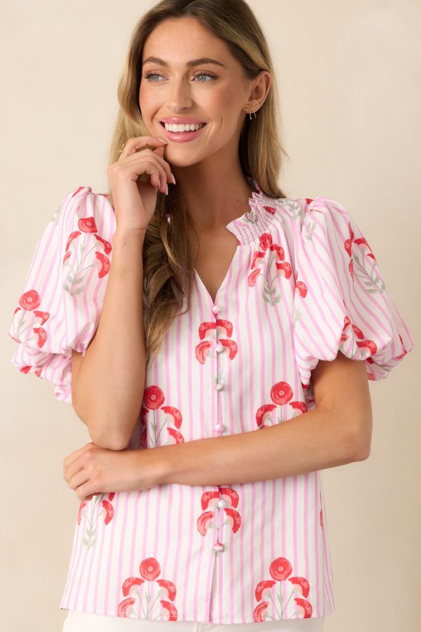 Poppy Fields Pink Button Front Puff Sleeve Top Supply - Image 2