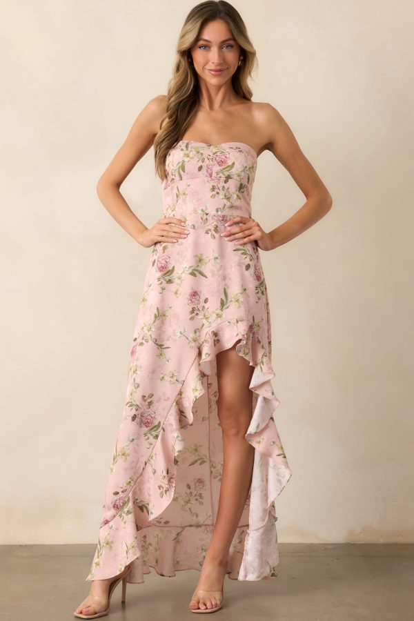 Ever After Light Pink Floral Jacquard Strapless High Low Dress For Sale - Image 5