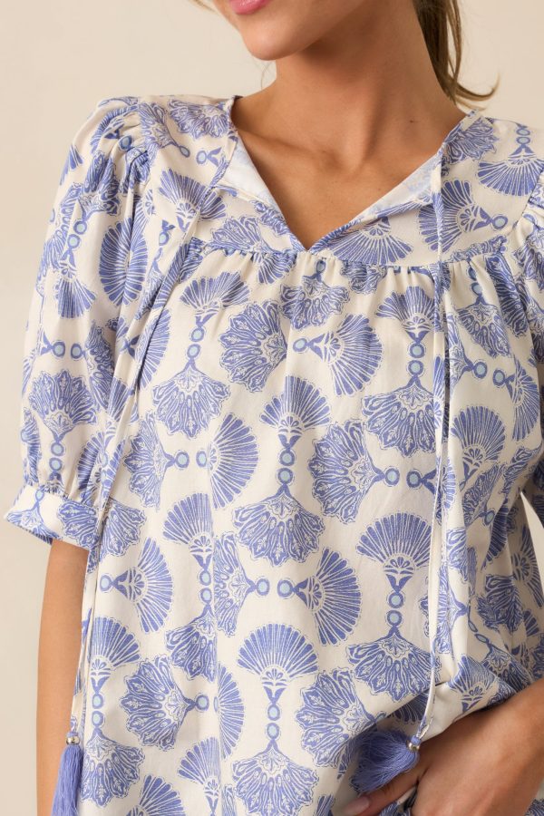 River Cruise Cotton Blue Print Blouse Online Hot Sale - Image 3