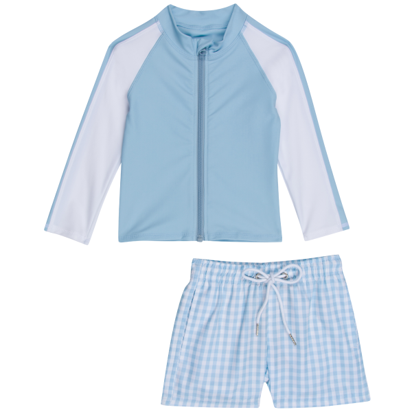 Boys Long Sleeve Zipper Rash Guard and Swim Trunk Set |  Blue Gingham  Hot on Sale