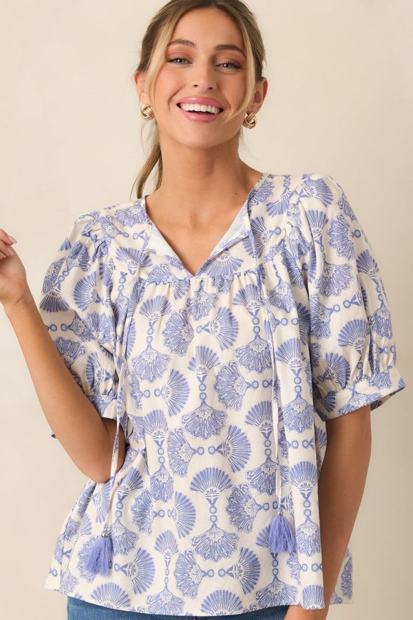 River Cruise Cotton Blue Print Blouse Online Hot Sale - Image 2