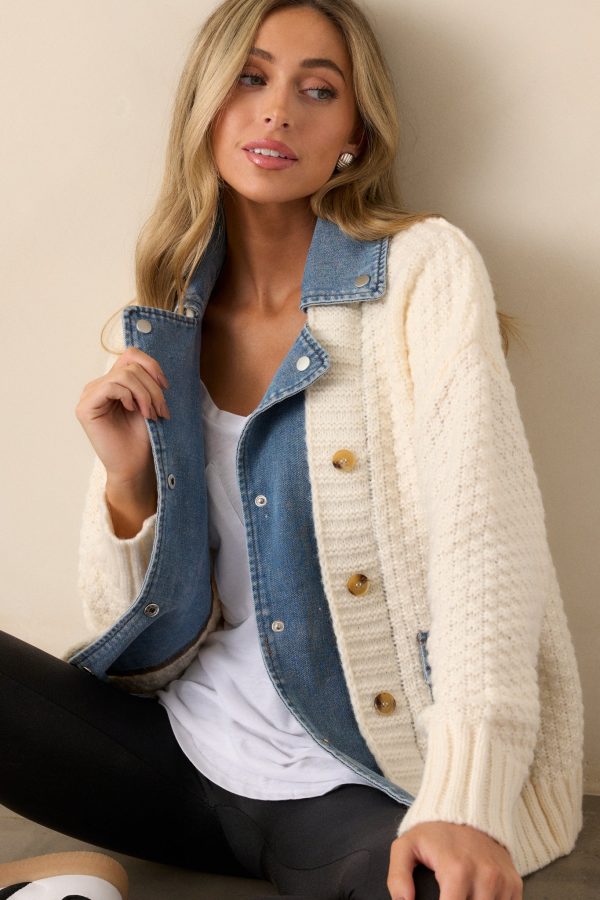 Kaleidoscope Dreams Ivory Knit and Denim Combo Jacket Cheap