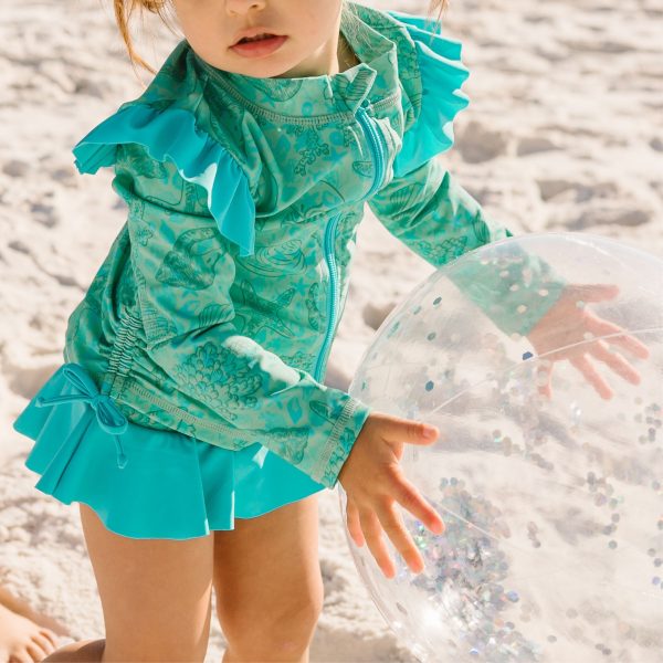 Girls Long Sleeve Rash Guard Ruffle Bottom Swimsuit Set (2 Piece) |  Seashell  Sale - Image 3