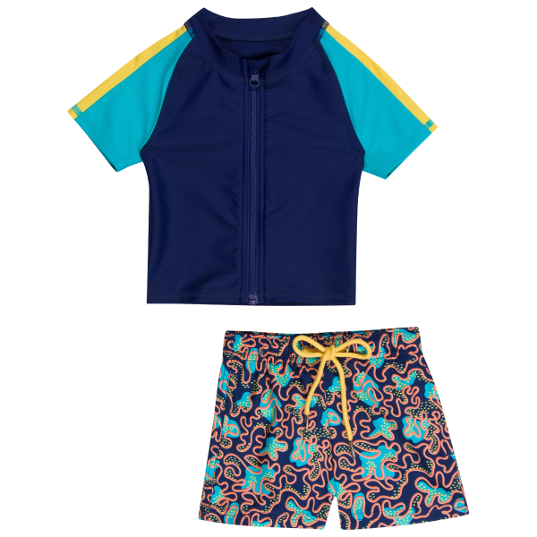 Boys Short Sleeve Zipper Rash Guard and Swim Trunk Set |  Deep Dive  For Discount