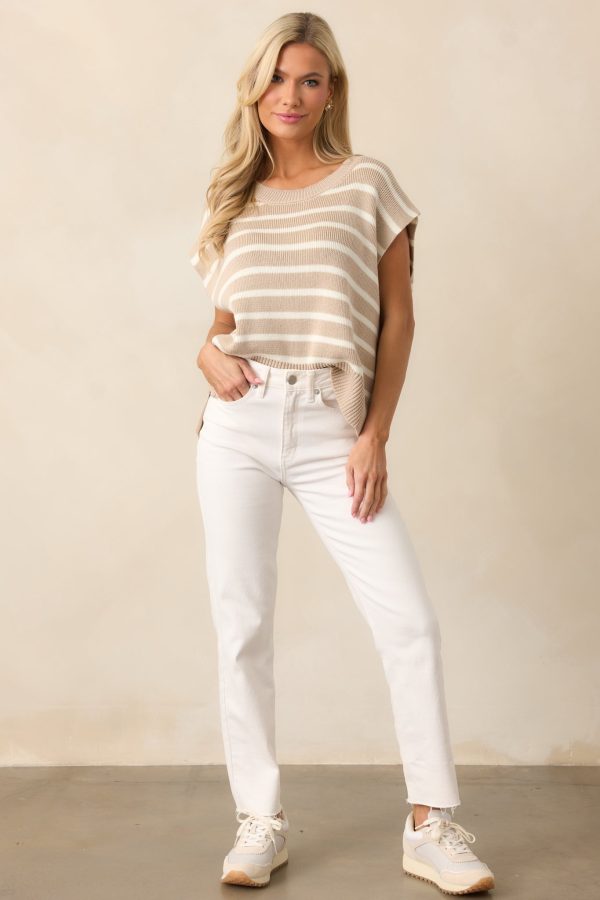 Daring Diva Taupe Stripe Oversized Sweater Vest Cheap - Image 3