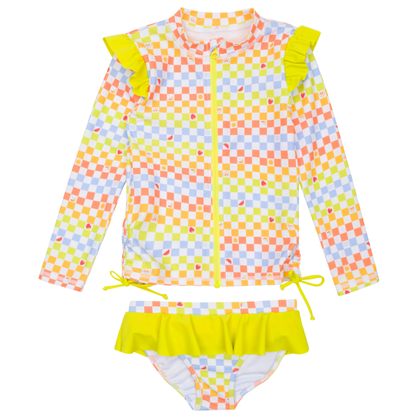 Girls Long Sleeve Rash Guard Ruffle Bottom Swimsuit Set (2 Piece) |  Gamified  Fashion